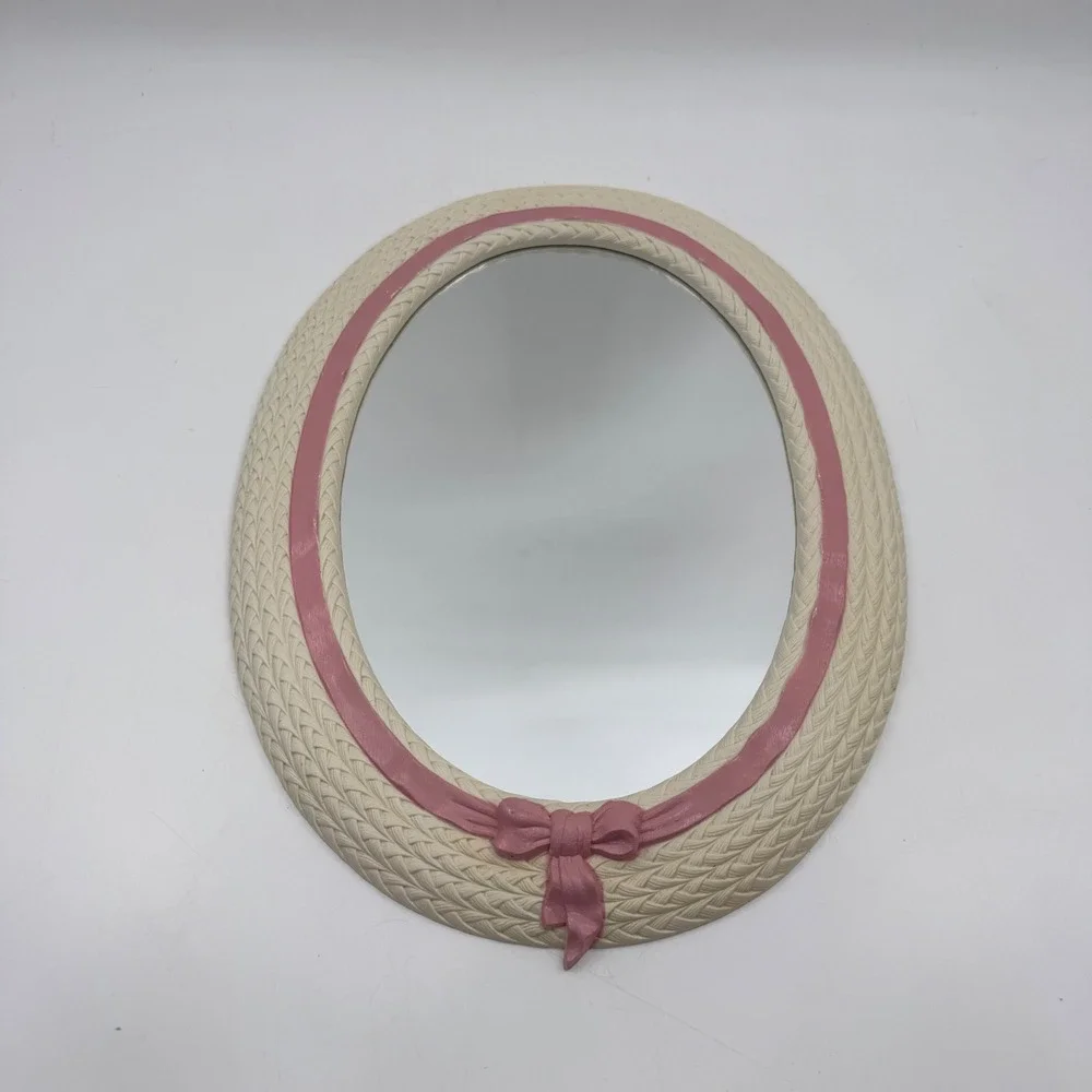 Vintage Oval Nursery Mirror Pink Bow Woven Frame Home Interiors & Gifts